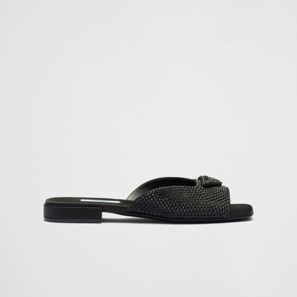 NWT Prada Slide Sandals Black Satin Crystal Embellishment Allover Triangle Logo